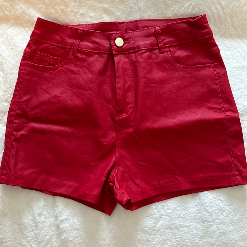 High waisted pleather red shorts